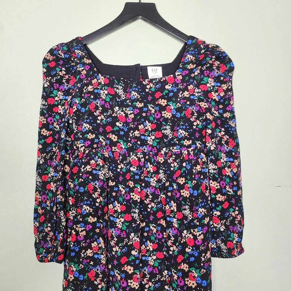 Gap Kids Square Neck‎ Dress Floral Multicolor Long Puff Sleeve Button Back M